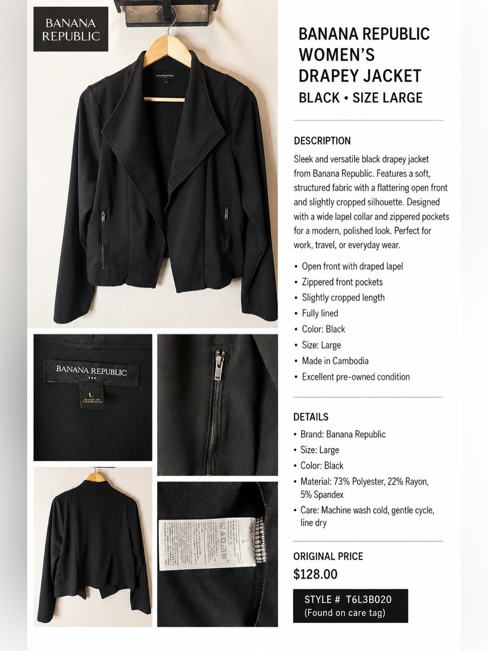 Banana Republic Black Draped Moto Jacket Women’s Large L Zip Pockets